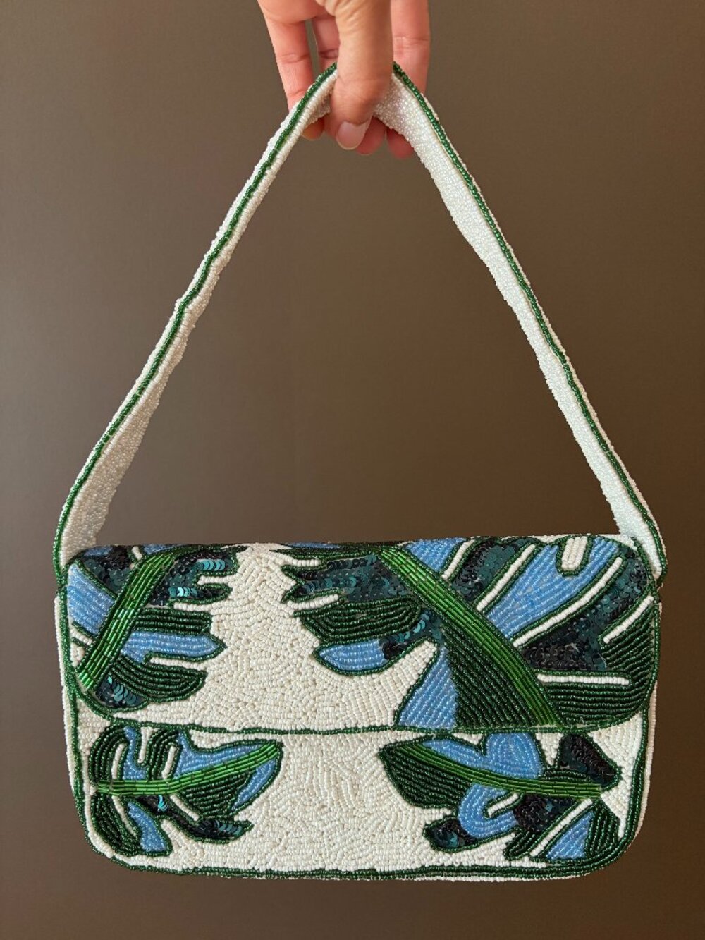 🌿 Tropical Leaf Hand-Beaded Shoulder Bag 🌿